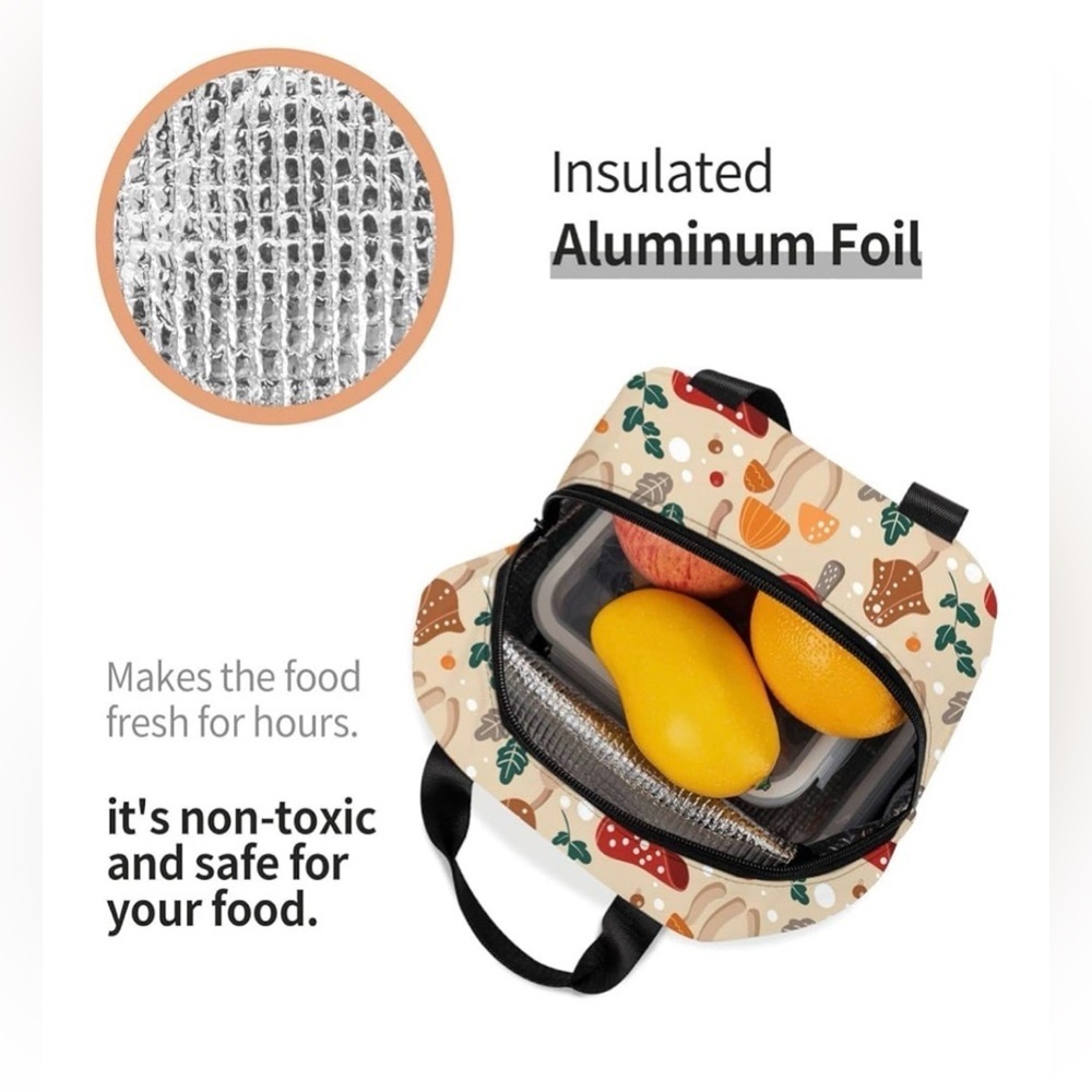 Insulated Lunch Picnic Bag Mushroom Print Red Beige Orange Lunchbox Cooler Tote - Picture 5 of 14
